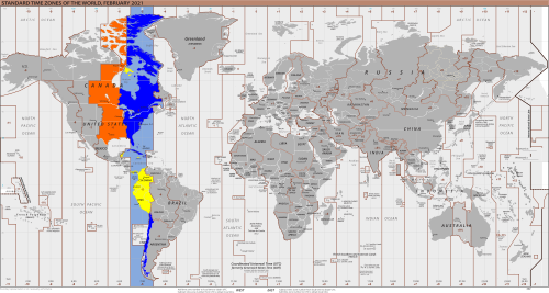 Mapa del huso horario UTC-5 mostrando variaciones estacionales