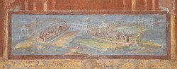 Representación mural antigua de naumachia con trirremes romanos.