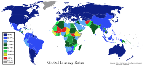 Mapa mundial que muestra el índice de alfabetización por países en 2013