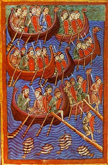 Ilustración de vikingos daneses invadiendo Inglaterra