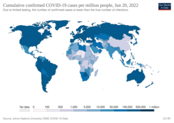 Total de casos confirmados de COVID-19 por millones de personas al 20 de junio de 2022