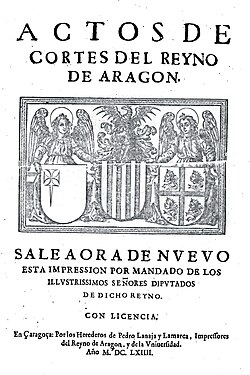 Actos de Cortes del Reino de Aragón editados en 1664