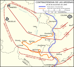 Mapa del progreso de la línea del frente en la batalla de las Ardenas