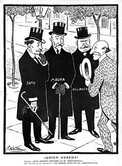 Caricatura de Dato, Maura y Fernández Villaverde realizada por Xaudaró para la revista Gedéon en 1905.