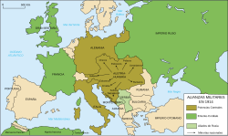 Mapa de las alianzas militares europeas en 1914 contrastando la Triple Entente y las Potencias Centrales.