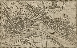 Mapa histórico de 1593 que muestra The Strande como ruta principal paralela al río Támesis.