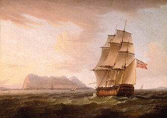 Representación de un buque de guerra británico ante el Peñón de Gibraltar