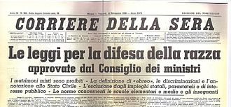 Portada del Corriere della Sera anunciando las leyes racistas de 1938.