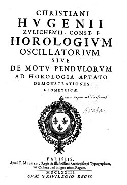Portada de la obra Horologium oscillatorium sive de motu pendulorum de 1673