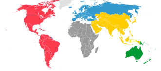 Mapa de distribución territorial de las cinco federaciones continentales de la FIBA