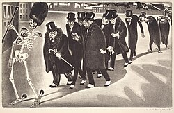 Litografía de 1935 titulada Mercaderes de la Muerte por Mabel Dwight