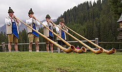 Cuarteto de músicos tocando la trompa de los Alpes.