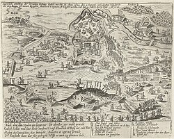 Grab grabado histórico del asedio y toma de Jülich por el taller de Frans Hogenberg.
