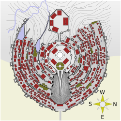 Plano esquemático y vista general de la estructura escalonada de Minas Tirith.
