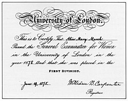 Certificado histórico del examen general para mujeres de 1878