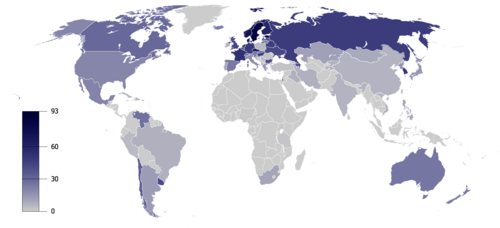 Mapa mundial que ilustra la proporción estimada de poblaciones sin afiliación religiosa.