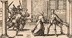 Grabado histórico del siglo XVI que representa el asesinato de Enrique III de Francia a manos del monje Jacques Clément.
