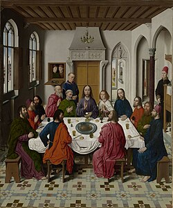 La Última Cena, tabla central del Retablo del Santo Sacramento, iglesia de San Pedro en Lovaina.
