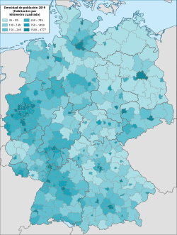 Mapa de densidad demográfica de Alemania en 2019