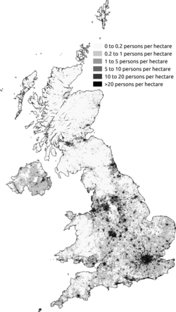 Mapa de densidad de población en el Reino Unido según el censo de 2011.
