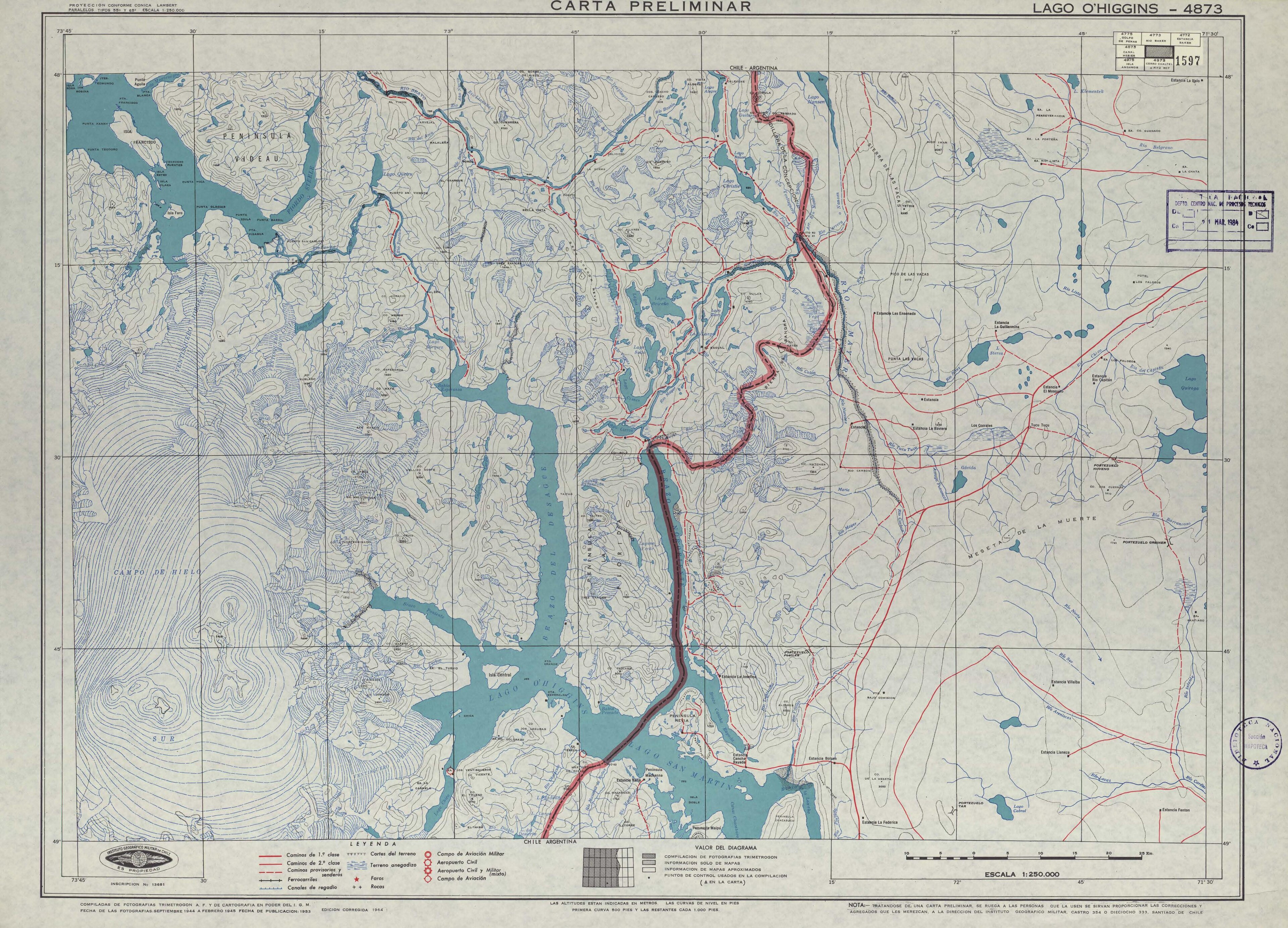 Mapa histórico de la zona publicado por el Instituto Geográfico Militar de Chile en 1953