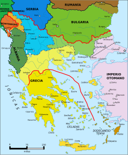 Mapa detallado de los territorios asignados tras las guerras balcánicas