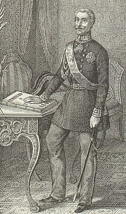 Retrato conmemorativo de Carlos Alberto de Saboya apoyado sobre el Estatuto