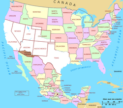 Mapa de la Cesión Mexicana que muestra los territorios transferidos a los Estados Unidos.