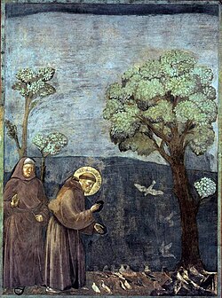 Fresco de Giotto que muestra a san Francisco predicando a las aves.
