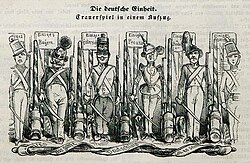 Viñeta del Münchner Leuchtkugeln de 1848 ilustrando la unidad alemana fragmentada.