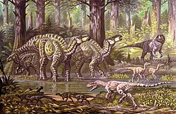 Ilustración de diversos dinosaurios del Cretácico temprano