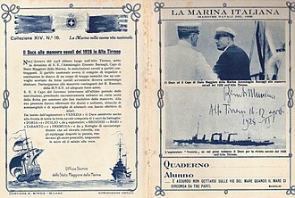 Propaganda fascista sobre la asistencia de Mussolini a las maniobras navales de 1928.