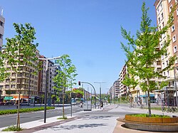 Calle urbana con aceras arboladas y carriles bici