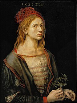 Autorretrato de 1493 pintado originalmente en óleo sobre vitela y conservado en el Museo del Louvre.