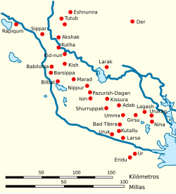 Ubicación geográfica de las principales ciudades de la antigua Mesopotamia.