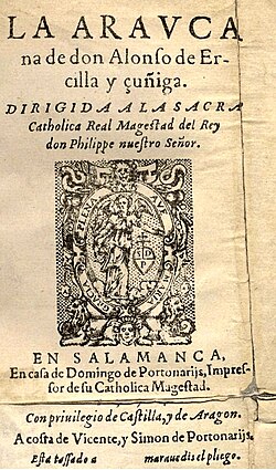 Portada del poema épico La Araucana de Alonso de Ercilla
