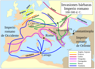Mapa de las invasiones bárbaras en el territorio del Imperio romano