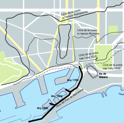 Mapa histórico que muestra la localización de la isla de Maians frente a la costa de Barcelona.