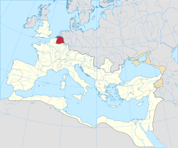 Mapa de la distribución de campamentos y ciudades en Germania Inferior