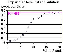 Gráfico del crecimiento de una población de levaduras mostrando la capacidad límite K