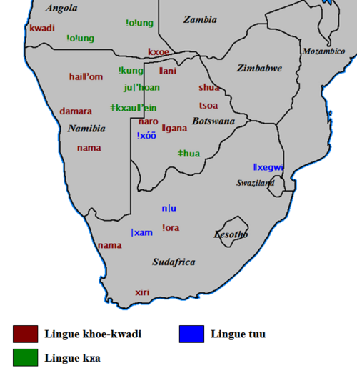 Mapa de los tres grupos de lenguas khoisán