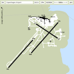 Plano esquemático con la distribución general de las terminales y accesos del Aeropuerto de Copenhague