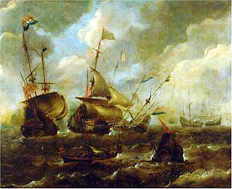 Óleo sobre cobre que representa la Batalla de Lizard Point entre buques de guerra holandeses y españoles