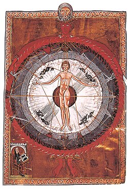 Representación del Liber Divinorum Operum con el hombre universal de santa Hildegarda de Bingen