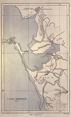 Mapa histórico de la bahía de Cádiz que muestra la disposición geográfica en 1625.