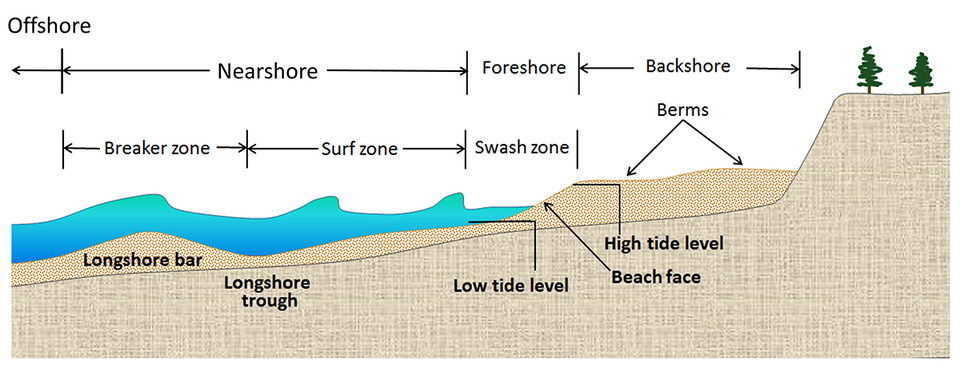 Esquema geomorfológico que detalla la berma, la zona de baño y el frente de playa.