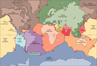 Mapa de las 15 placas tectónicas mayores