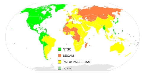 Mapa mundial que muestra la distribución de los diferentes sistemas de televisión en color, incluyendo PAL, NTSC y SECAM.