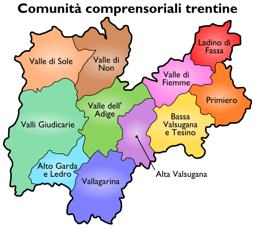 Mapa de las comunidades comprensoriales en la provincia del Trentino