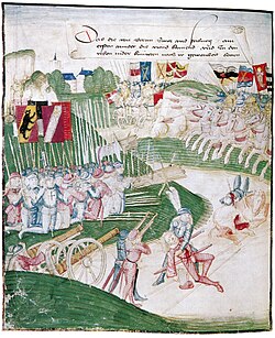 Infantería confederada combatiendo a la caballería borgoñona